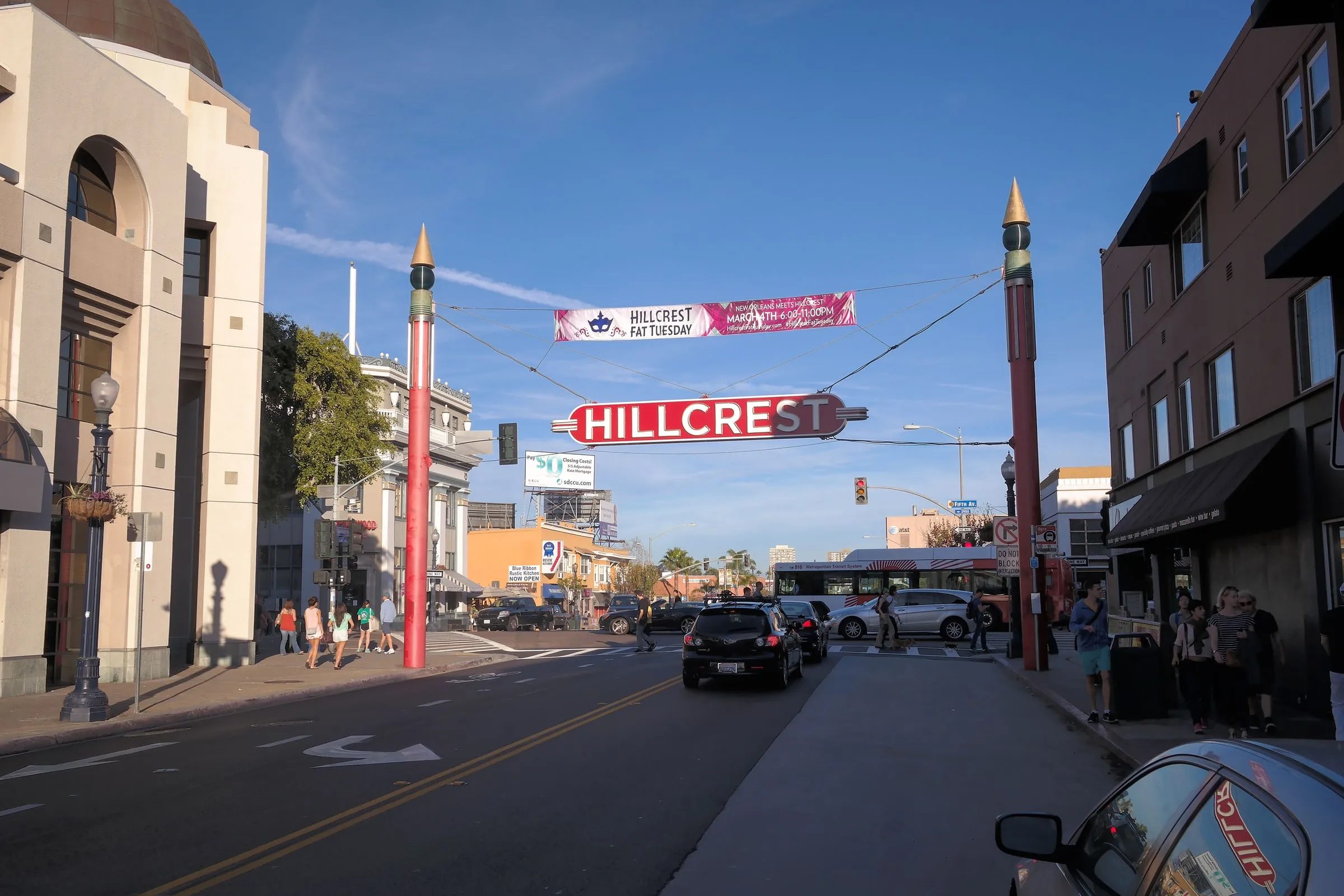 The Hillcrest sign over Fifth Avenue in San Diego